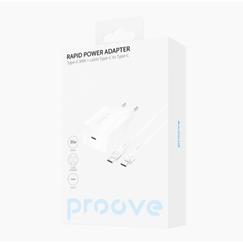 Proove Rapid Type-C 30w Uz Type-C Eiropas Sienas Rozete Balts