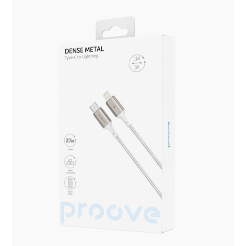 Type-C To Lightning PROOVE Dense Metal Uzlādes (3.0A) 27W Kabelis Pītais 1M Balts
