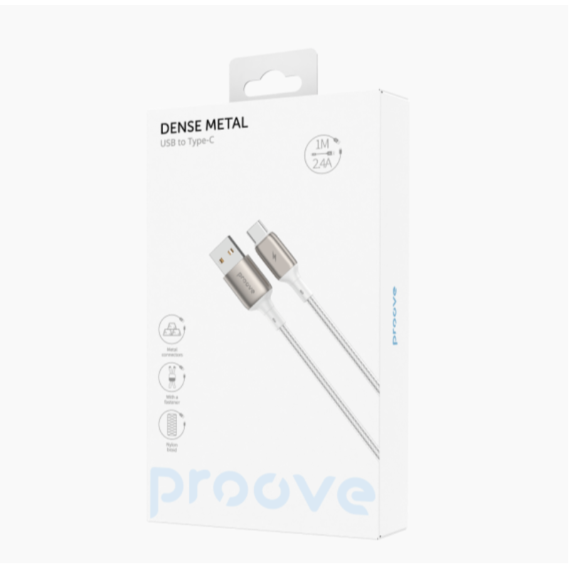 USB To Type-C PROOVE Dense Metal Uzlādes (2.4A) Kabelis Pītais 1M Balts