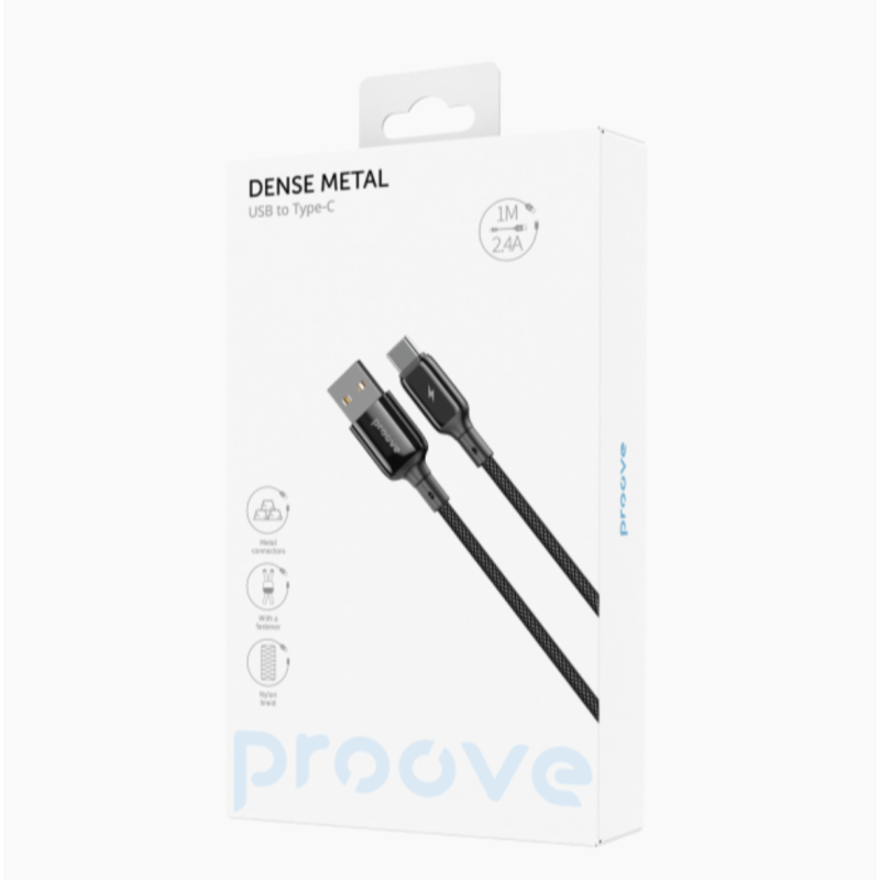 USB To Type-C PROOVE Dense Metal Uzlādes (2.4A) Kabelis Pītais 1M Melns