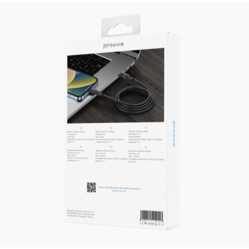 Type-C To Lightning PROOVE Soft Silicone Uzlādes (3.0A) 27w Kabelis Silikona 1M Melns