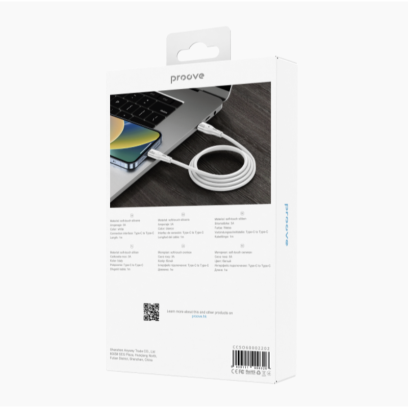 Type-C To Type-C PROOVE Soft Silicone Charging (3.0A) 60w Cable Braided 1M White