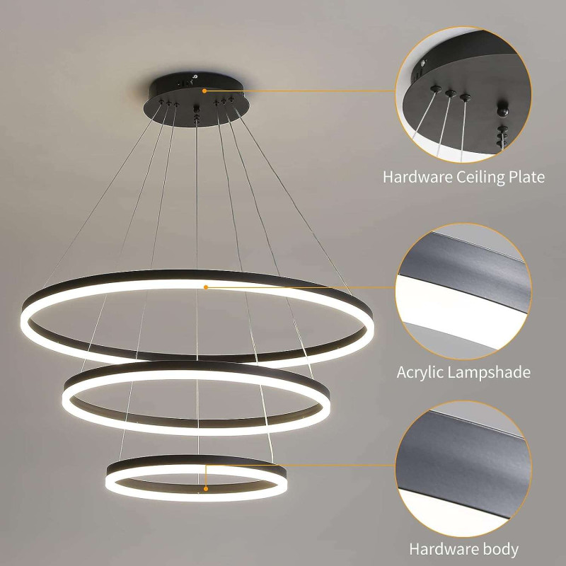 3 Riņķu Led Apaļa Griestu Lustra Melna 1000+800+600mm 120W (14400Lm) Ar Tālvadības Pulti