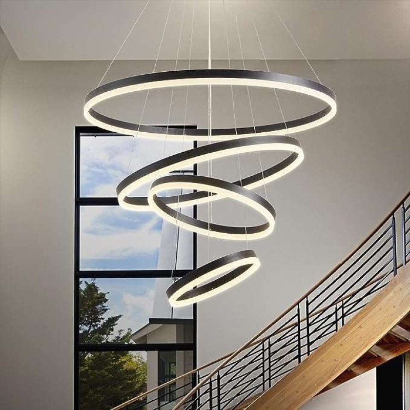 4 Riņķu Led Apaļa Griestu Lustra Melna 800+600+400+200mm 100W (12000Lm) Ar Tālvadības Pulti