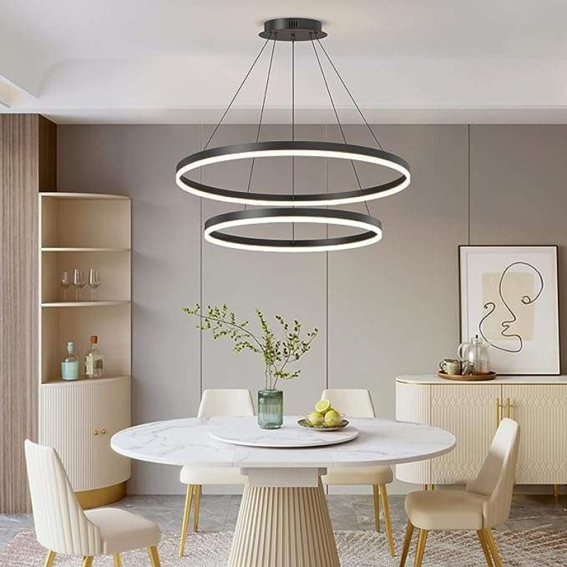 2 Riņķu Led Apaļa Griestu Lustra Melna 400+200mm 30W (3400Lm) Ar Tālvadības Pulti