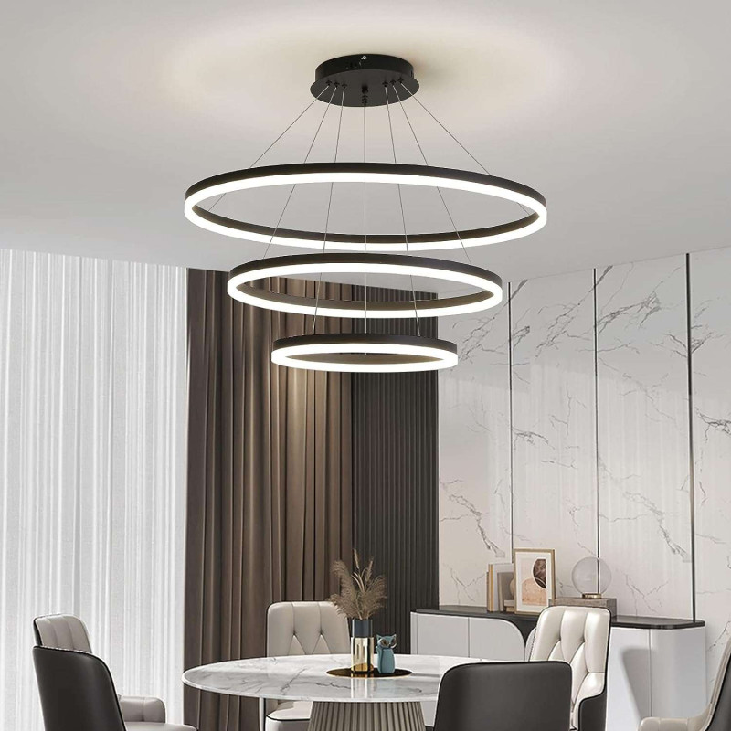 3 Riņķu Led Apaļa Griestu Lustra Melna 1000+800+600mm 120W (14400Lm) Ar Tālvadības Pulti