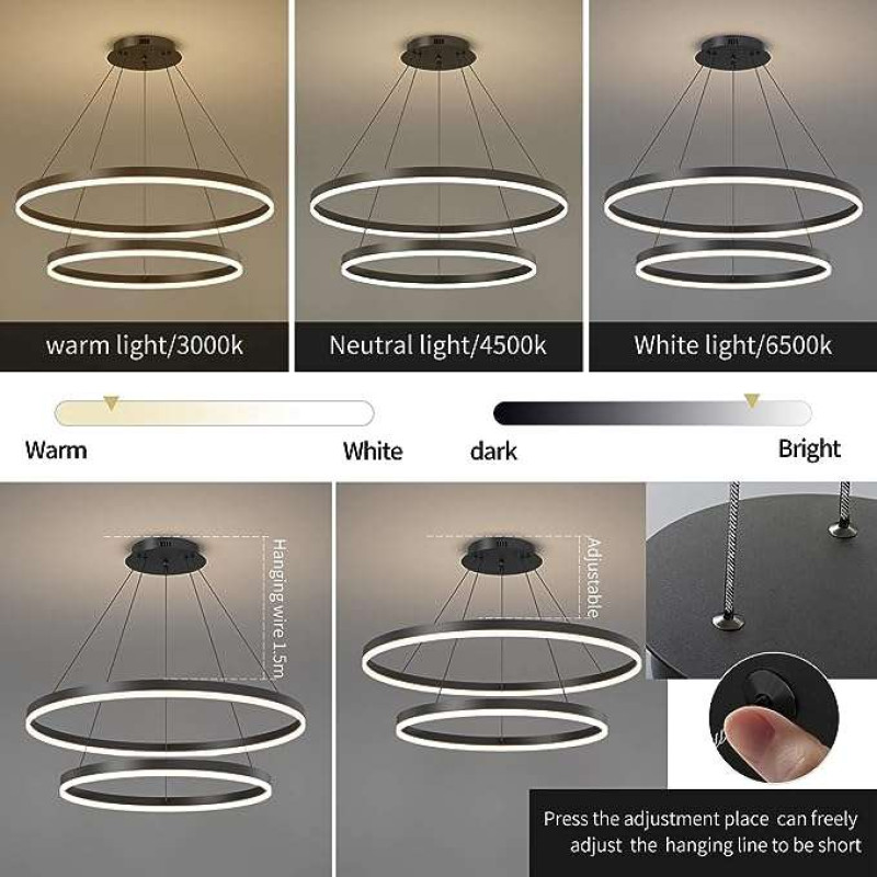 2 Riņķu Led Apaļa Griestu Lustra Melna 400+200mm 30W (3400Lm) Ar Tālvadības Pulti