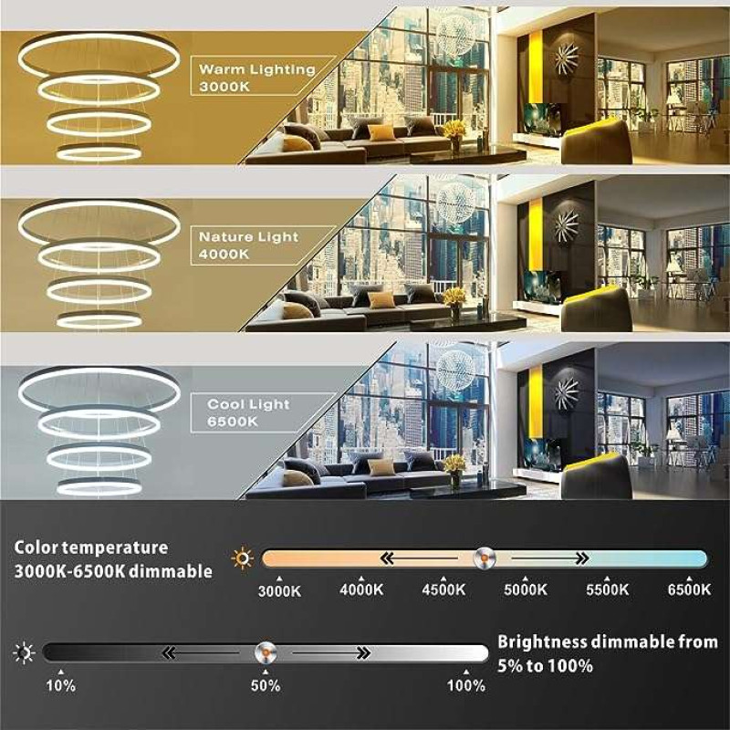 4 Riņķu Led Apaļa Griestu Lustra Melna 800+600+400+200mm 100W (12000Lm) Ar Tālvadības Pulti